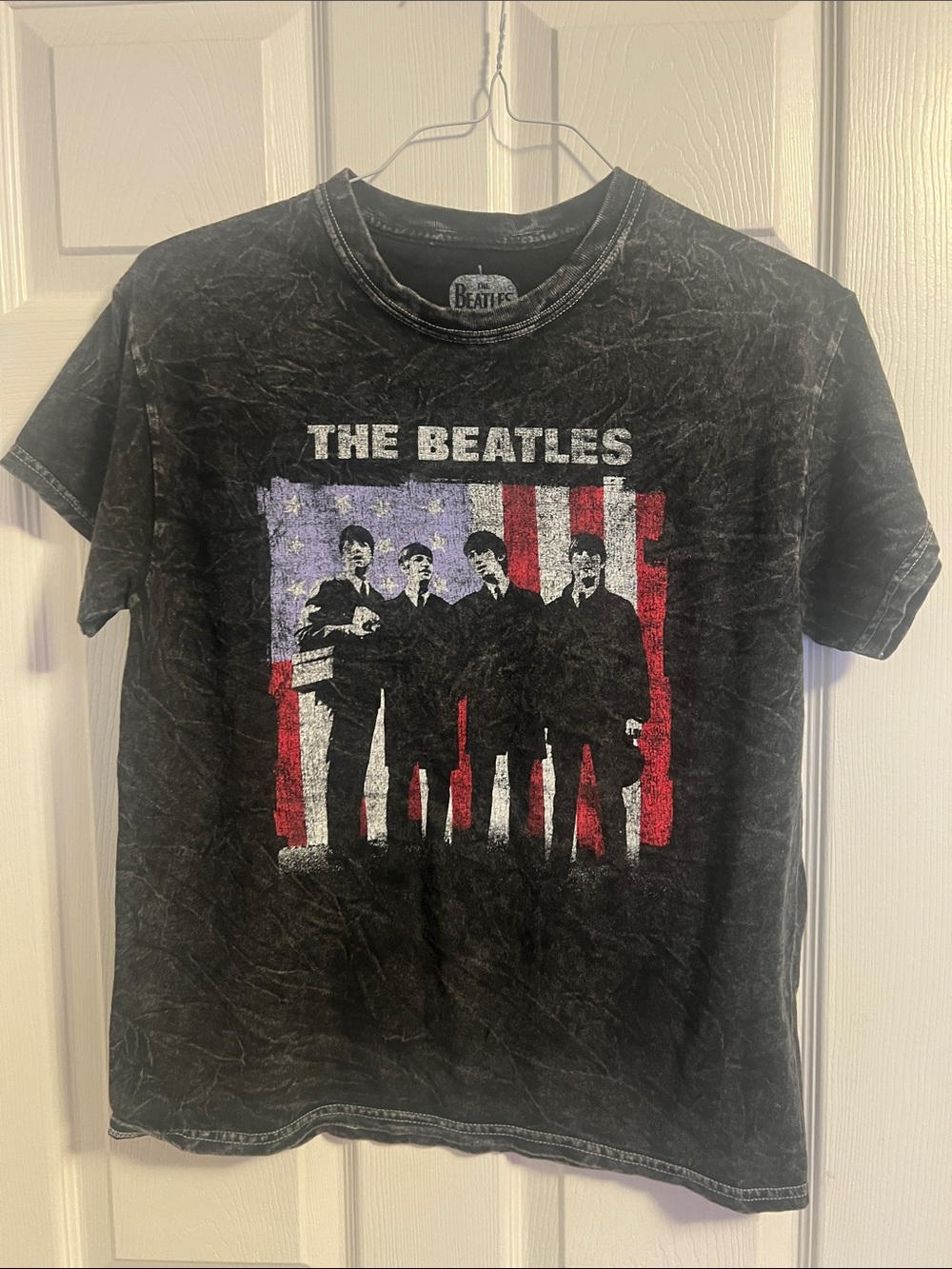 The Beatles Black Tee with Red, White & Blue Flag Graphic